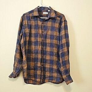 Barney's ny plaid,  vintage,  linen button-down shirt size M